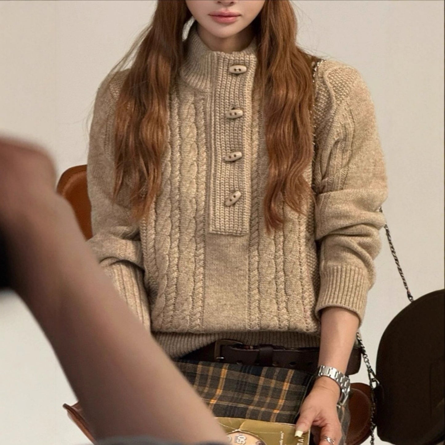 Soft Must-Have Wool Semi-High Neck Horn Button Crewneck Sweater