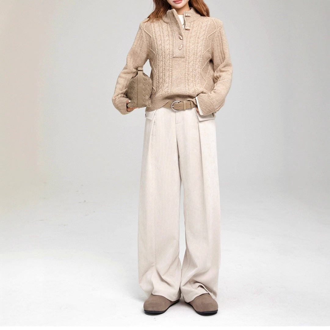 Soft Must-Have Wool Semi-High Neck Horn Button Crewneck Sweater